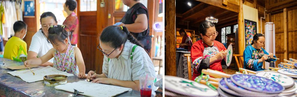 左图:近期,游客在黎平县肇兴侗寨体验非遗蜡染艺术(黎平县委宣传部供图);右图:这是2024年拍摄的绣娘在十八洞村梨子寨苗绣乡村振兴示范基地制作苗绣产品(湘西州委宣传部供图)。