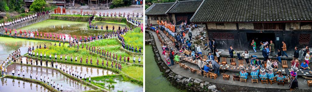 左图:近期,人们在黎平县肇兴侗寨的田园里演唱侗族大歌(黎平县委宣传部供图);右图:这是2023年拍摄的十八洞村长桌宴(湘西州委宣传部供图)。